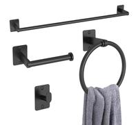 Toilet Roll Holder and Towel Rail Set, Gypie 4 Pieces Black Bathroom Accessories Set, Metal Bathroom Hardware Set Includes 24″ Black Towel Rail, Toilet Roll Holder, Towel Ring, and Wall Hook