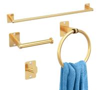 Toilet Roll Holder and Towel Rail Set, Gypie 4 Pieces Gold Bathroom Accessories Set, Metal Bathroom Hardware Set Includes 24″ Towel Rail, Toilet Roll Holder, Towel Ring, and Wall Hook