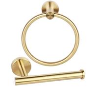 Toilet Roll Holder and Towel Ring Set - Brushed Brass SUS304 Stainless Steel, 2-Piece Bathroom Hardware Kit with 180° Swivel Towel Holder, Wall Mounted Loo Roll Holder, 22mm Fixing Centres