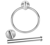 Toilet Roll Holder and Towel Ring Set - Chrome SUS304 Stainless Steel, 2-Piece Bathroom Hardware Kit with 180° Swivel Towel Holder, Wall Mounted Loo Roll Holder, 22mm Fixing Centres