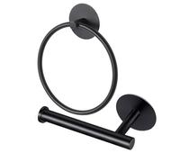 Toilet Roll Holder and Towel Ring Set of 2, Stainless Steel Bathroom Accessories Set No Drill Adhesive Toilet Paper Holder and Hand Towel Holder for Bathroom (Black)