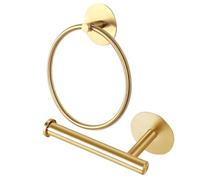 Toilet Roll Holder and Towel Ring Set of 2, Stainless Steel Bathroom Accessories Set No Drill Adhesive Toilet Paper Holder and Hand Towel Holder for Bathroom (Gold)
