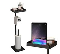 Toilet Roll Holder on Stand - Toilet Paper Holder, Vertical Dispenser Rod, Upper Storage Basket + Heavy Base, Revetuated Carbon Steel - for Bathroom and Toilet Storage