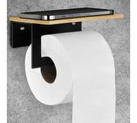 Toilet Roll Holder Self Adhesive With Shelf No Drill Toilet Paper Holder Black Matt Bamboo Board Bathroom Tissue Holder Wall Mounted Toilet Roll Holder