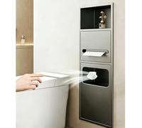 Toilet Roll Holder Stainless Steel Toilet Paper Holder with Removable Trash Can, 3-in-1 Recessed Wall Niche for Bathroom Hotel Restaurant, Waterproof Wall Storage Shelf(Gray)