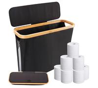Toilet Roll Holder Storage Stand,Bamboo Toilet Roll Storage Basket with Lid Cover,Toilet Paper Holder Free Standing Box Unit Organizer for bathroom,17.13x5.71x13.78in (Black)