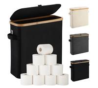 Toilet Roll Holder Storage Stand, Toilet Roll Storage Basket with Lid for Mega Roll, Bamboo Toilet Paper Storage Holder Organiser Free Standing for Bathroom Cabinet, Toilet Roll Storage Box, Black