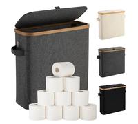 Toilet Roll Holder Storage Stand, Toilet Roll Storage Basket with Lid for Mega Roll, Bamboo Toilet Paper Storage Holder Organiser Free Standing for Bathroom Cabinet, Toilet Roll Storage Box, Gray