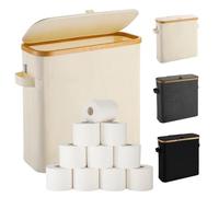 Toilet Roll Holder Storage Stand, Toilet Roll Storage Basket with Lid for Mega Roll, Bamboo Toilet Paper Storage Holder Organiser Free Standing for Bathroom Cabinet, Toilet Roll Storage Box, Beige