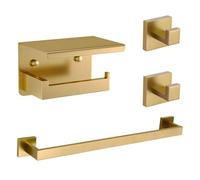 Toilet Roll Holder, Towel Rail and Robe Hooks Set, Eovem 4 Pieces Brushed Gold Bathroom Accessories Set, Stainless Steel Bathroom Hardware Set Wall Mounted Square