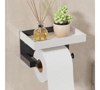 Toilet Roll Holder Wall Mounted - SWTYMIKI No Drill Self Adhesive Toilet Paper Holder with Wood Shelf for Storage, Rustproof Washroom Tissue Roll Holder Dispenser for Bathroom and Kitchen, White