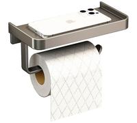 Toilet Roll Holder with Shelf, No Drilling, Self-Adhesive Bathroom Loo Roll Holder, Rust-Resistant Wall Mount Toilet Paper Holder, Screwable or Stick-On, Space-Saving, Grey