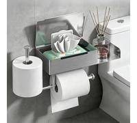 Toilet Roll Holder with Shelf, Self-Adhesive Stainless Steel Toilet Paper Holder with Wet Wipes Box & Phone Shelf, No Drilling Wall Mounted Bathroom Organiser