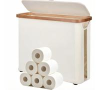 Toilet Roll Storage Box, 30L Bathroom Storage Box with Bamboo Lid for 12 Rolls, Toilet Roll Holder for Living Room, Wardrobe, Laundry Room, Bathroom Countertop (White)