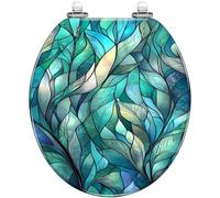 Toilet Seat Cover Round Stained Glass Resin Colored Quick Release Hinges Easy Install Bathroom Decorative Tranquil Blues Elegance Series