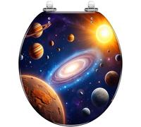 Toilet Seat Round Resin for Bathroom | Colorful cosmic solar system design, quick release hinges, easy to clean and install, decorative toilet seat with cover