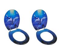 Toilet Seat Set of 2 White MDF Dolphin Design 43.7x37.8cm Chrome-Zinc Hinges Adj