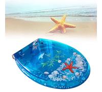 Toilet Seat Transparent 3D Effects Decorative Family Toilet Lid with Soft Close and Non-Slip Seat Bumpers, Resin Toilet Seat Lid with Blue Ocean Yellow Starfish Seat That Will Never Loosen