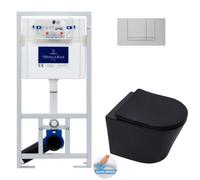 Toilet set Viconnect support frame + Infinitiorimless wc, Matt black + Softclose seat + Matt chrome flush plate