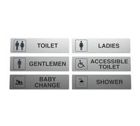 Toilet Sign, Ladies/Gentleman/Accessible/Shower/Baby Change/Disabled - silver brushed metal effect, UV non fading self adhesive 200mm x 50mm, toilet signs for door