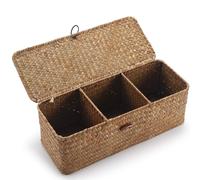 Toilet Tank Basket with Lid, Seagrass Storage Basket for Bathroom, Wicker Woven Bathroom Organizer with 3 Compartments, Large