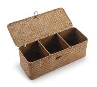 Toilet Tank Basket with Lid, Seagrass Storage Basket for Bathroom, Wicker Woven Bathroom Organizer with 3 Compartments, Small