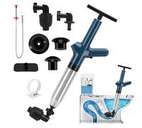Toilet Unblocker Heavy Duty, Toilet Plunger Kit High Pressure Sink Unblocker Tools with 4 Replaceable Heads and Visual Barometer Drain Unblocker for Unblocking Toilets,Sink,Bathtub,Floor,Drain (Blue)