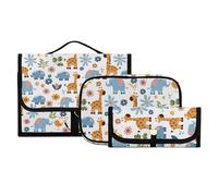 Toiletry Bag Hanging Travel Makeup Bag 3 PCS, Giraffes Elephants Flower Portable Makeup Cosmetic Organizer Clear