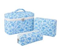 Toiletry Bag Quilted Travel Makeup Bag Set, Round Flower, E | 3 Piece Cosmetic Organizer with Handled Case, Zipper Pouches for Toiletries, Trips
