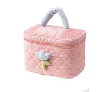 Toiletry Bag Solid Color Flower Makeup Bag Zipper Large Soft Corduroy Cosmetic Bag Female Travel Make Up Organizer Beauty Case(Pink)