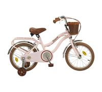 Toimsa Vintage 16 inch Kids Bike, Bicycle with a retro look rear carrier rack and front wicker style basket and training wheel stabilisers, 5-7 Years, Pink and Brown