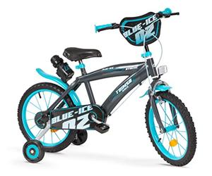Toimsa Blue Ice, 16 Inch Bicycle/Kids Bike learn to ride outdoors, with shield, training wheel stabilisers and mudguard, suits child 5-7 Years, Blue and Black