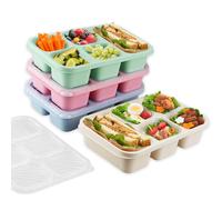 Toivize 4 Pcs Snack Box with Compartments, 5-Compartment Bento Lunch Box Snack Boxes for Kids and Adults with Transparent Lid for School Work Travel Picnics (Beige/Blue/Pink/Green)
