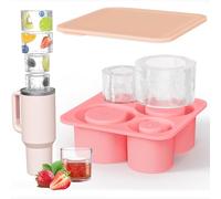 Toivize Cup Ice Mold for Stanley, Ice Cube Tray for Stanley Silicone Ice Mold with Lid Cup Ice Mould for Stanley for 20-40 Oz Tumblers 4 Hollow Cylinder Molds for Cocktails, Whiskey, Coffee - Pink