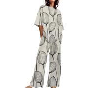 Tok 89 Years Warm Womens Pyjamas French Summer Outfits For Women 2 Cotton Linen Set Oversized T Shirts Straight Leg Pant Plus Size Tracksuit White Satin Silk Nightwear Set Womens (Beige, XXXXXL)