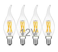 TOKCON 12V E12 LED Light Bulbs - Soft Warm 2700K 4W (Only for 12 Volt DC/AC)- Small Candle Base - 40W Equivalent Flame Tip Low Voltage LED Candelabra Bulb for RV, Camper, Boat - 4 Pack