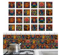 Tokenhigh 24 Pcs Moroccan Tile Stickers, Colourful Mandala Tiles Decals, 20x20cm Vintage Self Adhesive Wall Tiles, Peel and Stick on Kitchen Tile Backsplash for Bathroom Living Room (Moroccan)