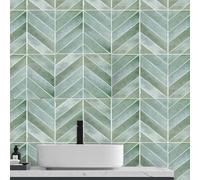 Tokenhigh Self Adhesive Wall Tiles, Peel and Stick Backsplash Tiles, Herringbone Waterproof Stick on Tile Transfers Sticker, Sticky Back Tile Decals for Kitchen Bathroom(Green-5Sheets)