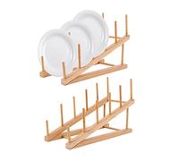 Tokenhigh Wooden Dish Sloping Rack, 2 PCS Bamboo Plate Rack for Cupboard, Multifunctional Dish Stand Drainers, Dish Drying Rack Pot Lid Holder, Kitchen Cabinet Organizer for Bowl Cup Cutting Board