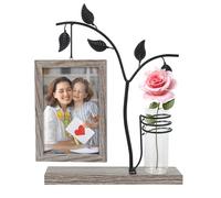 Tokenhigh Wooden Photo Frame, Rustic Picture Frames with Glass Vase, Double Floating Photo Frame Hold 2 Photographs, Personalised Gifts with Metal Tree Knot for Birthday Thanksgiving (Gray-2)