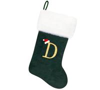 Tokforty 20 Inches Green Velvet with White Super Soft Plush Cuff Monogram Christmas Stockings, Xmas Personalized Embroidered Letter Stockings for Family Holiday Decorations and Xmas Tree Fireplace(D)