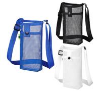 TOKIDNY 3Pcs Adjustable Lightweight Mesh Water Bottle Carrier Bag with Crossbody Sling Strap for Hiking Gym and Daily Use Portable Tumbler Pouch Black White Blue