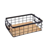 TOKIDNY Practical Rectangular Iron and Wood Fruit Basket Simple Design Black Household Storage Basket Handles for Kitchen Sorting