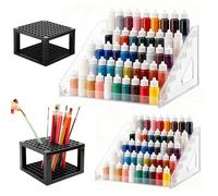 ToKinCen 2 Pcs 7-Layer Acrylic Clear Paint Organizer with 2 Pcs Brush Holder - Multi-Functional Art & Craft Storage Box, Miniature Model & Light Pigment Bottle Rack, Daily Storage Essential