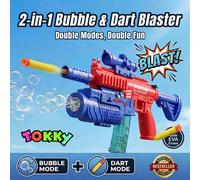 Tokky 2-in-1 Kids Toy Gun, Fully Automatic Bubble Machine and Suction Cup Soft Dart Gun Launcher, Includes 20 Soft Darts and Shooting Target, M416 Tactical Outdoor Battle Game Toy, 3-14 Year Old Boys