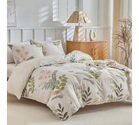Tokokimo Bed Linen 220 x 240 cm, 3-Piece - Spring Flowers and Green Leaf Design - Microfibre Duvet Cover 220 x 240 cm for Double Beds with 2 Pillowcases with Zip 80 x 80 cm, Beige