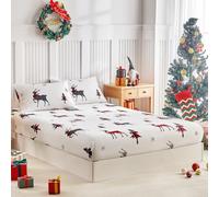Tokokimo Christmas Double Fitted Sheet with Red Reindeer Pattern, White | Soft Breathable Microfiber Fitted Bed Sheets 135x190cm, 2 Matching Pillowcases, 35cm Deep Pocket, Elastic Edge, Machine Wash
