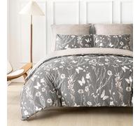 Tokokimo Double Duvet Cover Set 2 Pieces Reversible Soft Microfiber Duvet Cover with 2 Pillow Cases 200x200cm Grey Botanical Floral