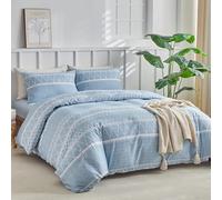 Tokokimo Double Duvet Cover Set 4 Piece Blue Bedding Set with Fitted Sheet - Soft Microfiber Double Duvet Set (1x Duvet Cover, 2x Pillowcases, 1x 40cm Deep Fitted Sheet) Blue Stripe