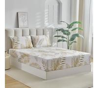 Tokokimo Double Fitted Sheet with 2 Envelope Pillowcases - Soft Microfibre Leaves Print White Gold Double Bed Sheet 35cm Deep Fit, 135x190 cm (Fits Mattress Up to 35cm Deep)